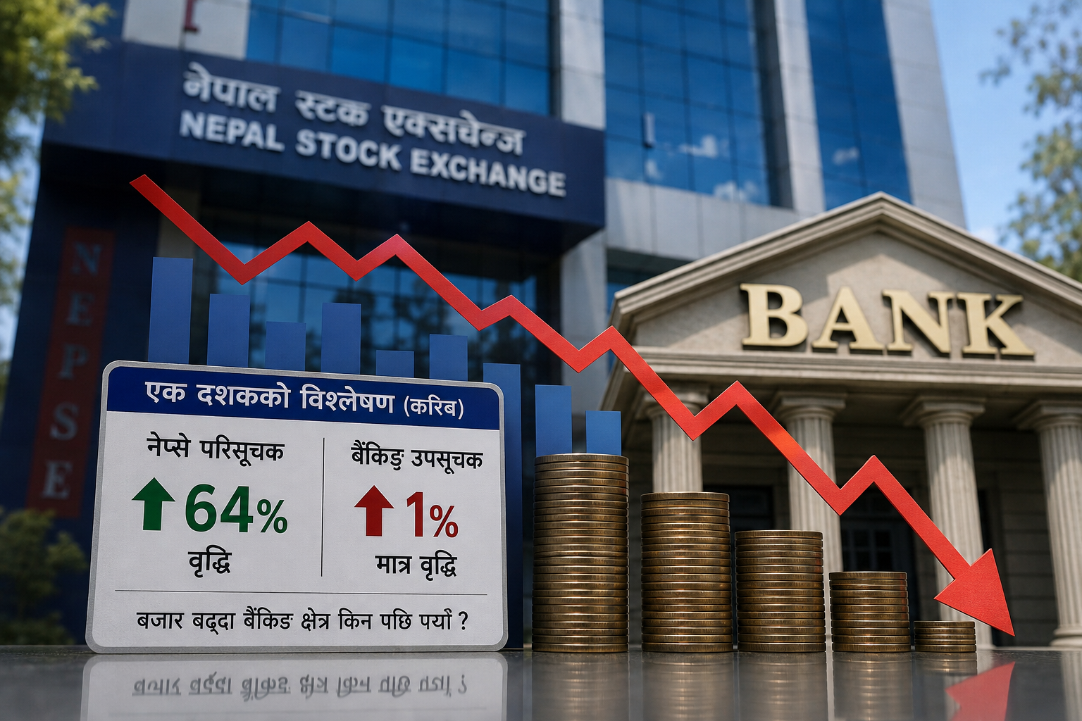 एक दशकमा नेप्से ६४ प्रतिशत बढ्दा बैंकिङ सूचक १ प्रतिशत मात्रै ! कमजोर लाभांश र खराब कर्जाले थला  पार्यो